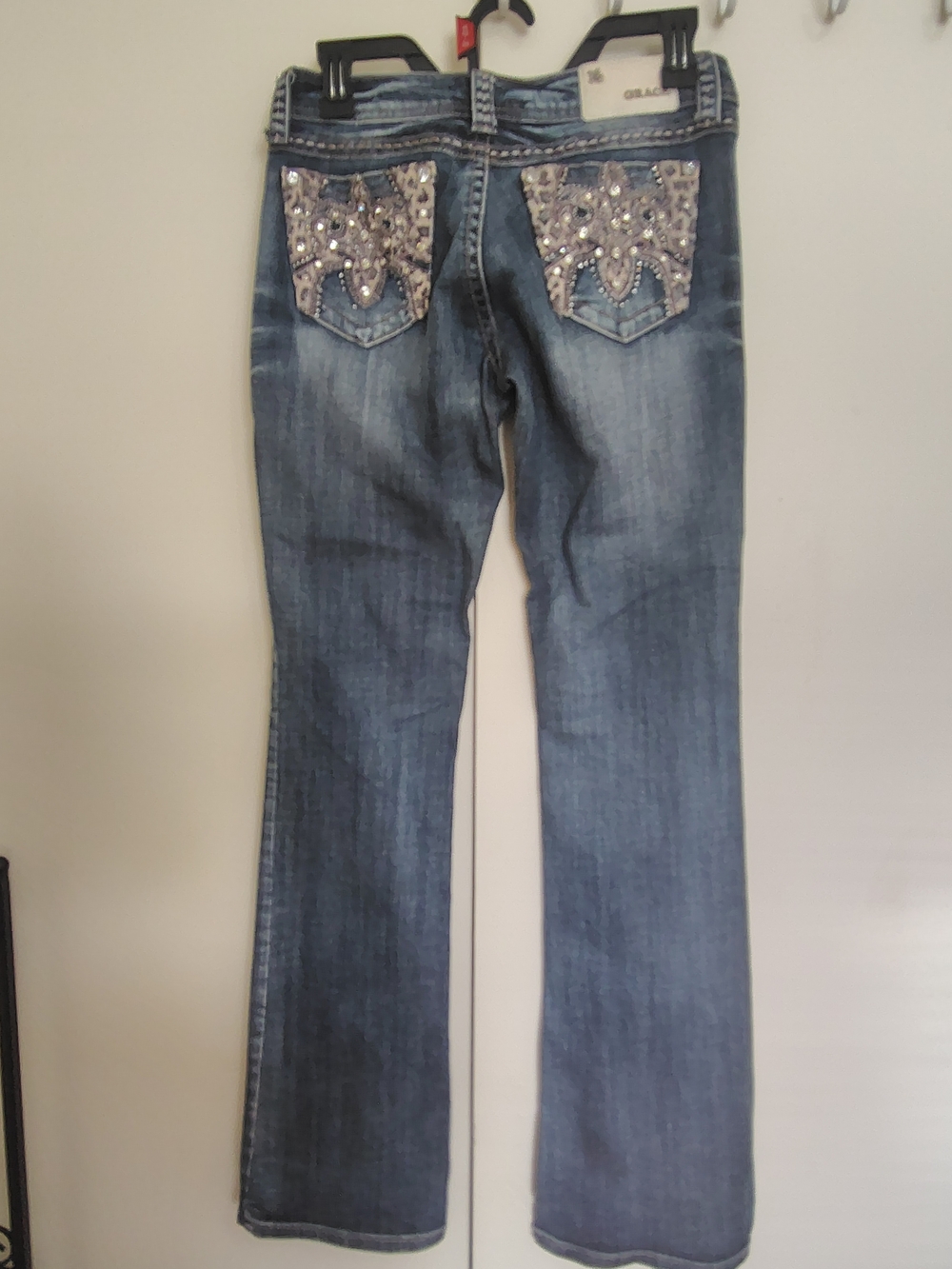 Grace in LA Distressed Blue Washed Flare Jeans - Picture 2 of 5